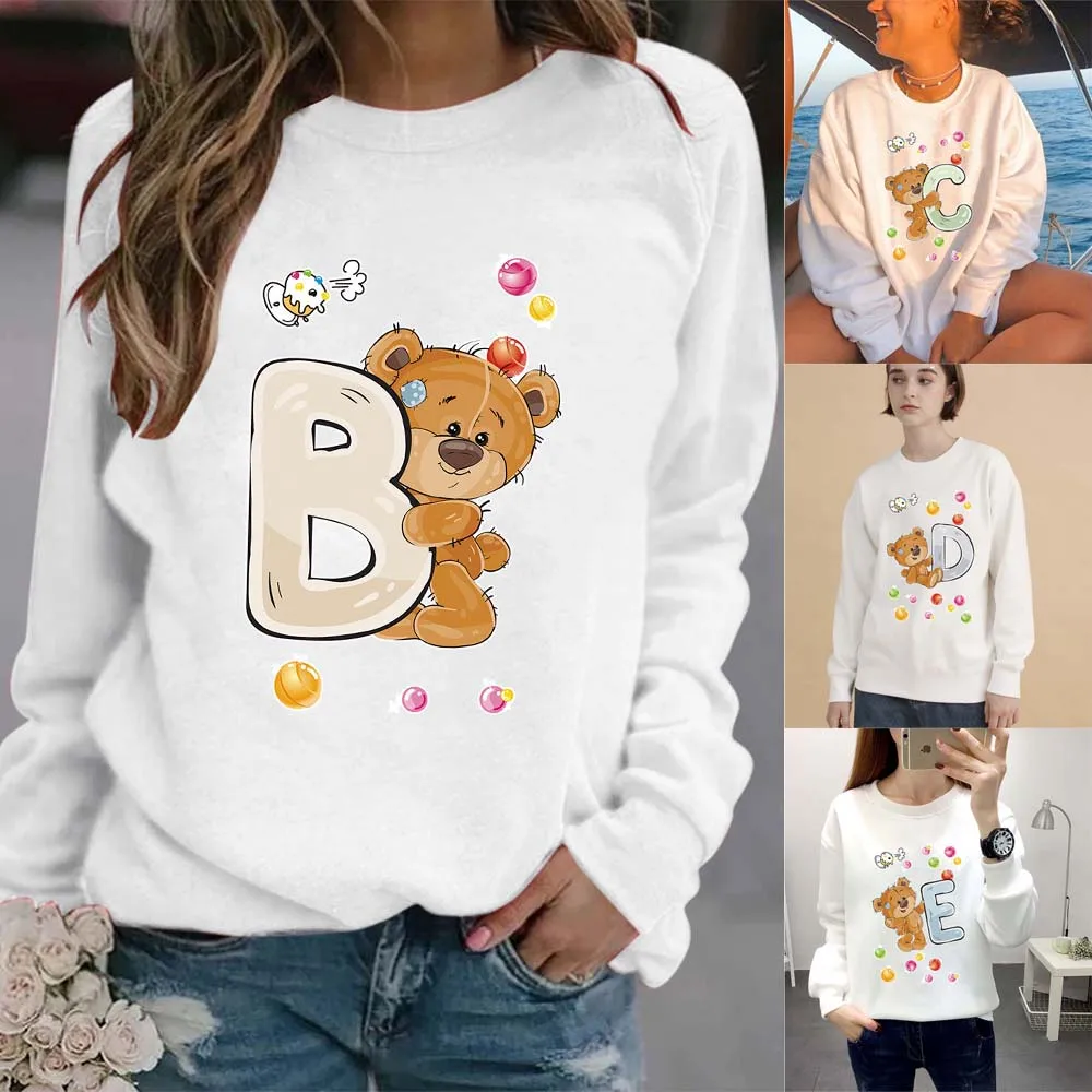 

Women's Sweater Loose O-neck Super Cute Letter Bear Print Pullover Women Harajuku Long-sleeved Hoodless Spring and Autumn Top