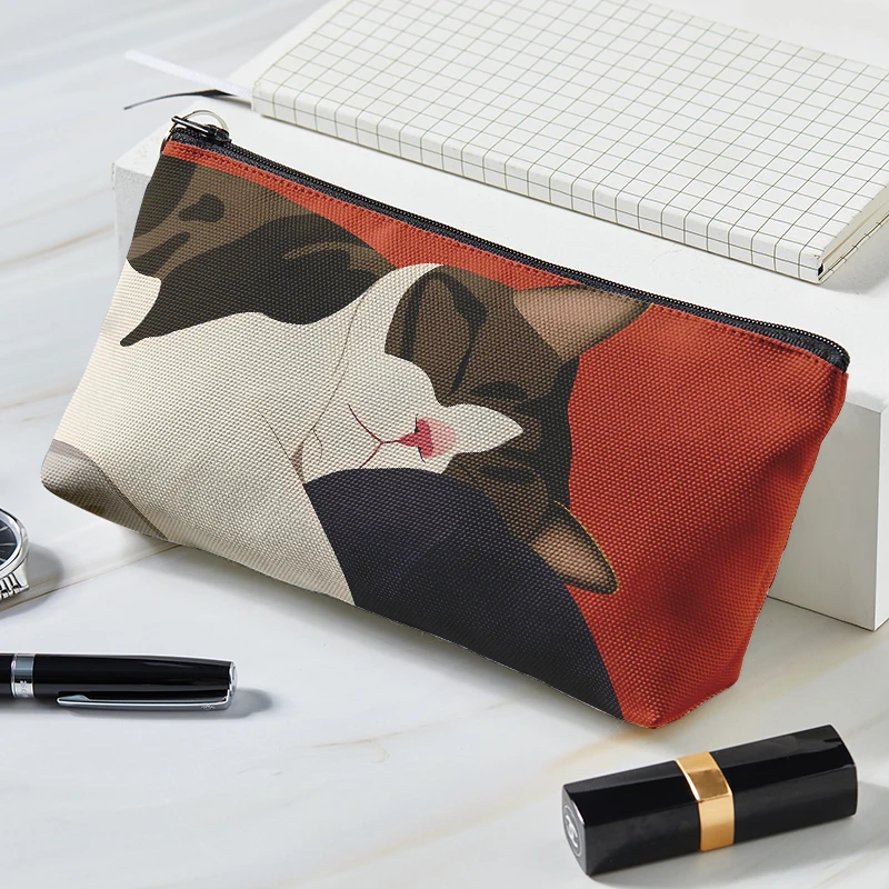 Bolsa de maquillaje de estilo japonés, bolsa de cosméticos de lona con estampado de gato lindo, bolsa de cosméticos portátil de gran capacidad para