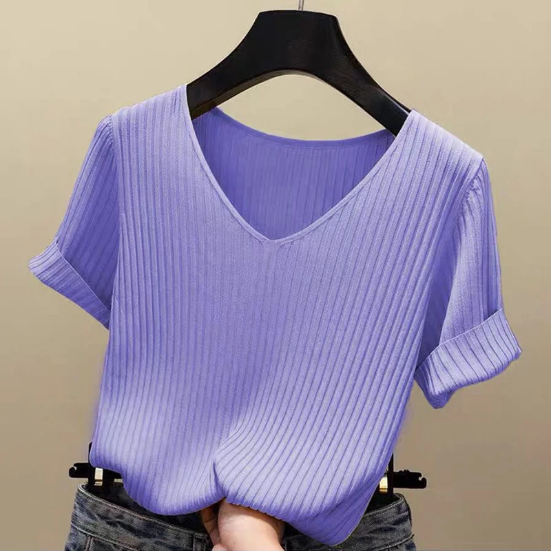 Knitted short sleeve Women V-Neck T Shirts 2024 Blue Slim Black thin knit Orange Tops Ladies Summer Camiseta Summer T shirts