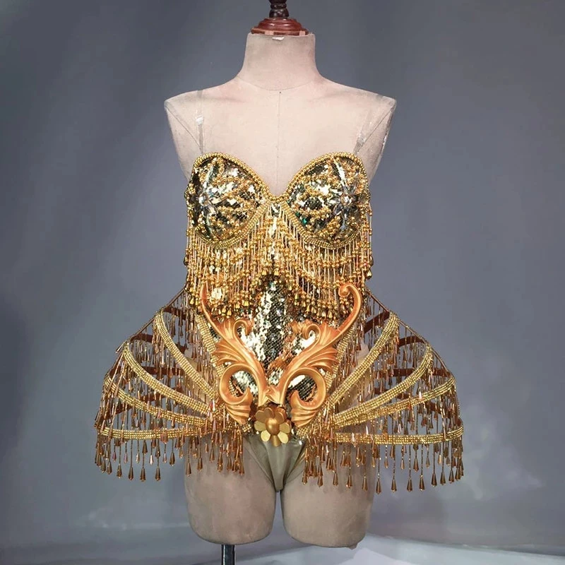 

Sparky Gold Sexy Crystal beads Bodysuit Dress Stage Performance Show Dresses Dance Wear Nightclub Shining Costume Outfit