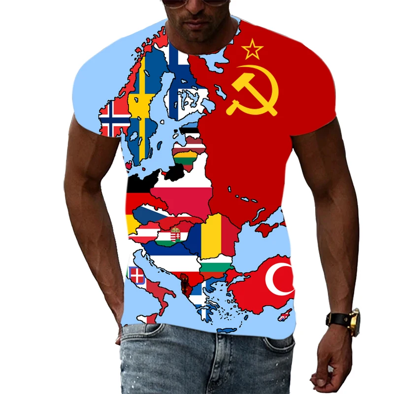 Summer europe flag graphic t shirts For Men Fashion Casual Map Pattern Printing T-shirt Interesting Personality streetwear Top