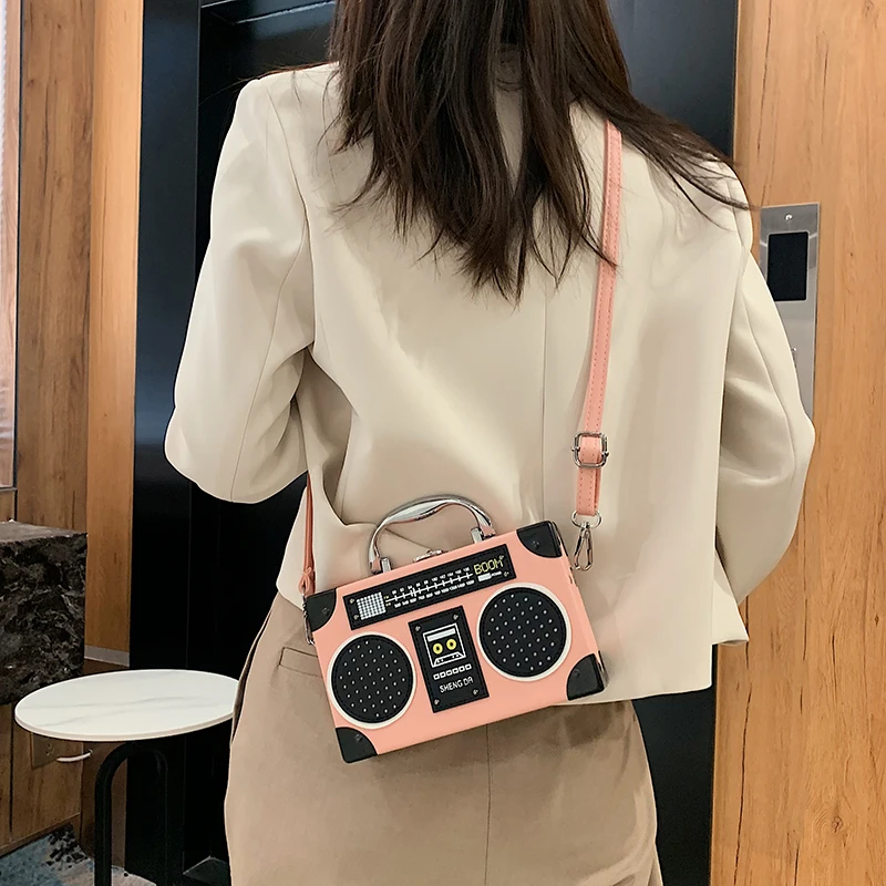 Unusual Women\'s Party Bag 2021 Hit Personality Fashion Handbag Leather Radio Shape Small Square Bags Hip Hop Shoulder Bag Woman