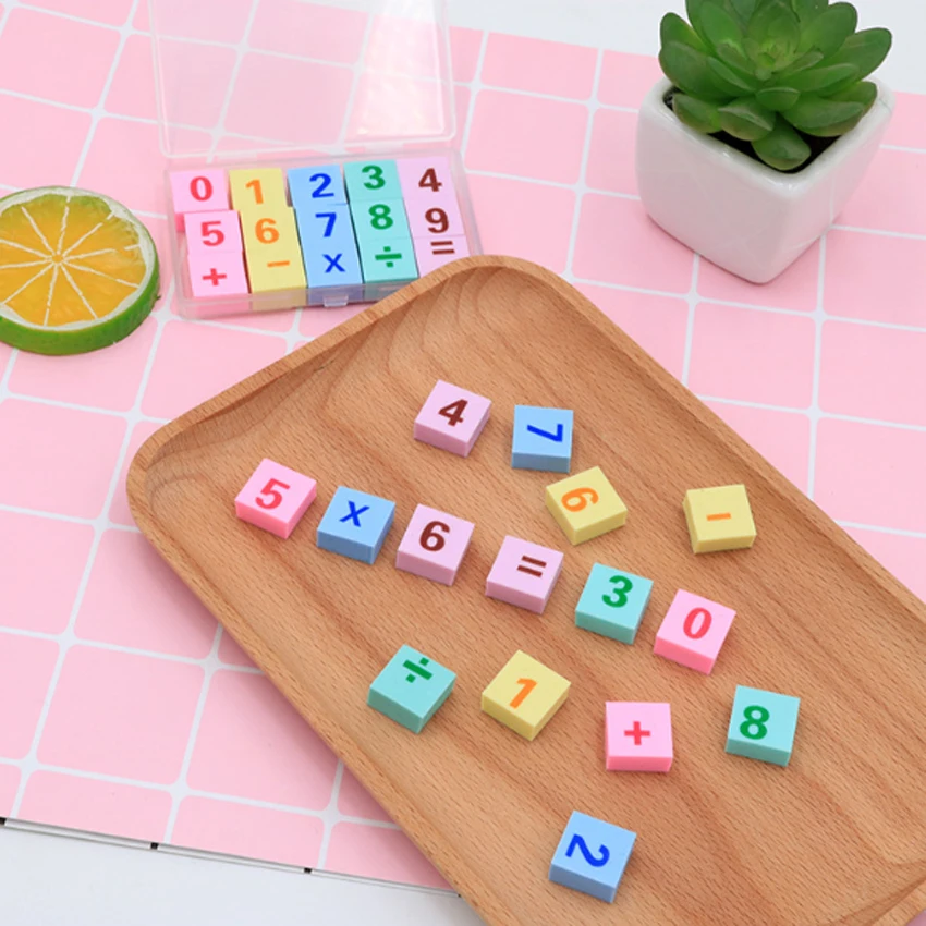 15pcs/set Cute Digital Arithmetic Symbol Plastic Box Set Erasers Rubber Pencil Erasable Tool Reward Stationery Gifts