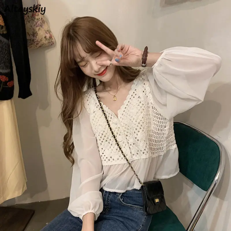 

Blouses Women Chiffon Knitted Hollow Out V-neck Mesh Tops Female Loose Elegant Tender Office Ladies Spring All-match Trendy Ins