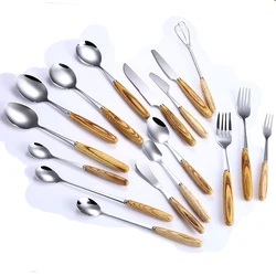 Flatware Wooden Handle Table Set Stainless Steel Cutlery Set Metal Silverware Forks And Spoon set Knife Dessert Spoons Sets