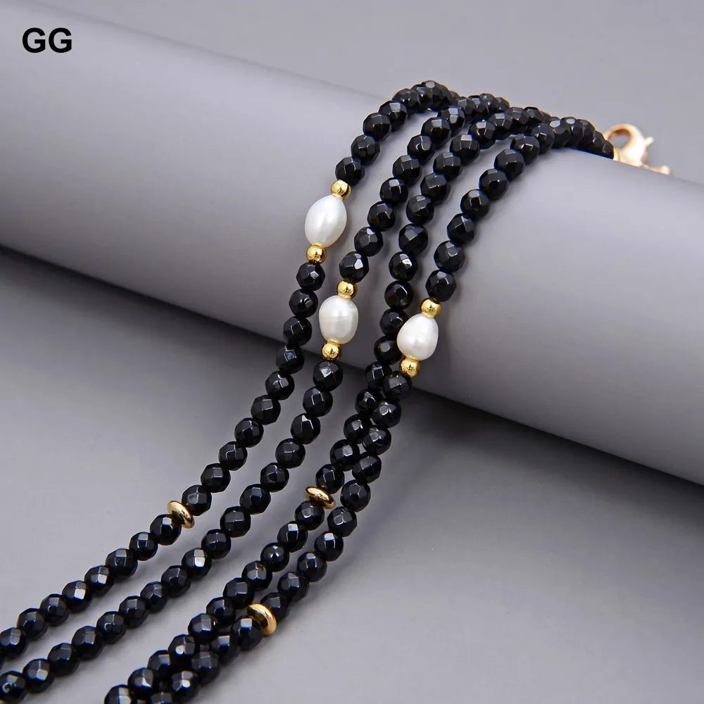 GG 2 Rows Natural Faceted Round Black Onyx Cultured White Rice Pearl Choker Necklace 17\