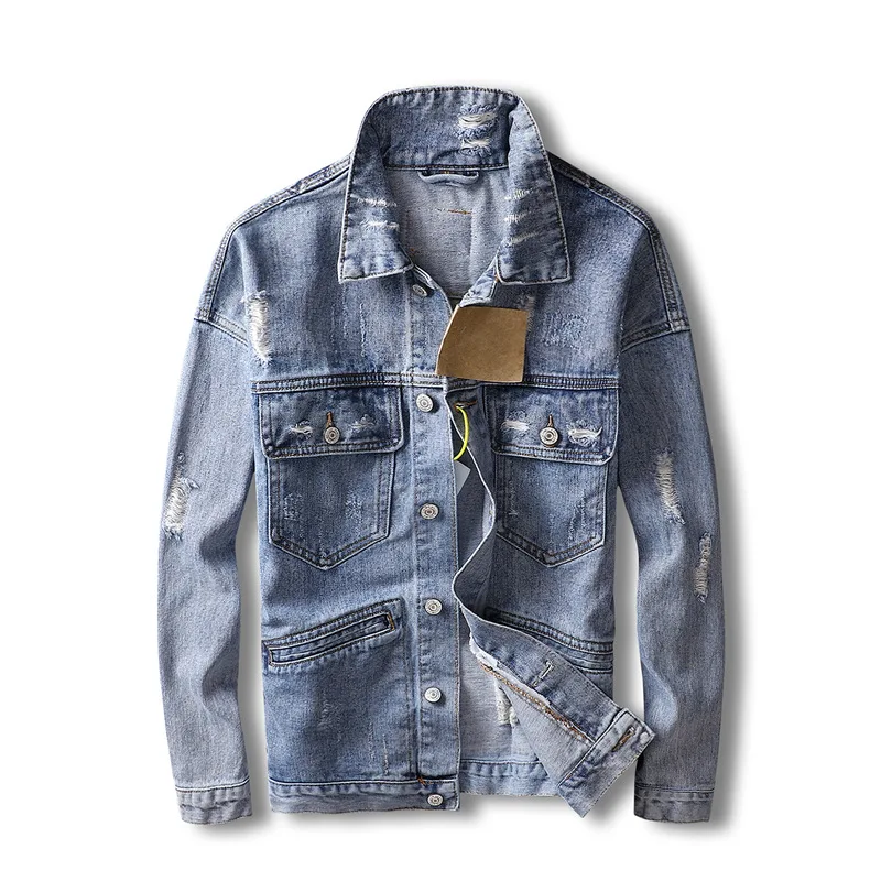 

Men Light Blue Denim Jackets Holes Jean Jackets Streetwear Casual Denim Coats Men Cotton Outwear Slim Denim Jackets Size 3XL