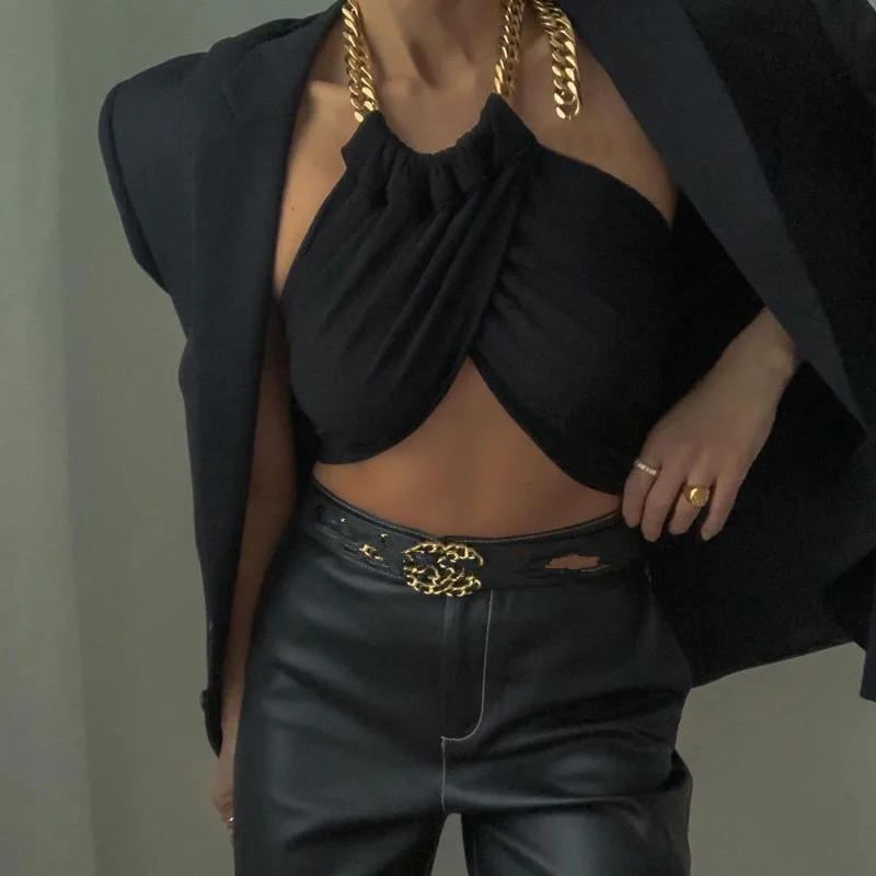 VIBESOOTD Summer Fashion Chic Halter Chain Crop Tops for Women Backless Cropped Feminino Black Wrap Top 2021 Streetwear