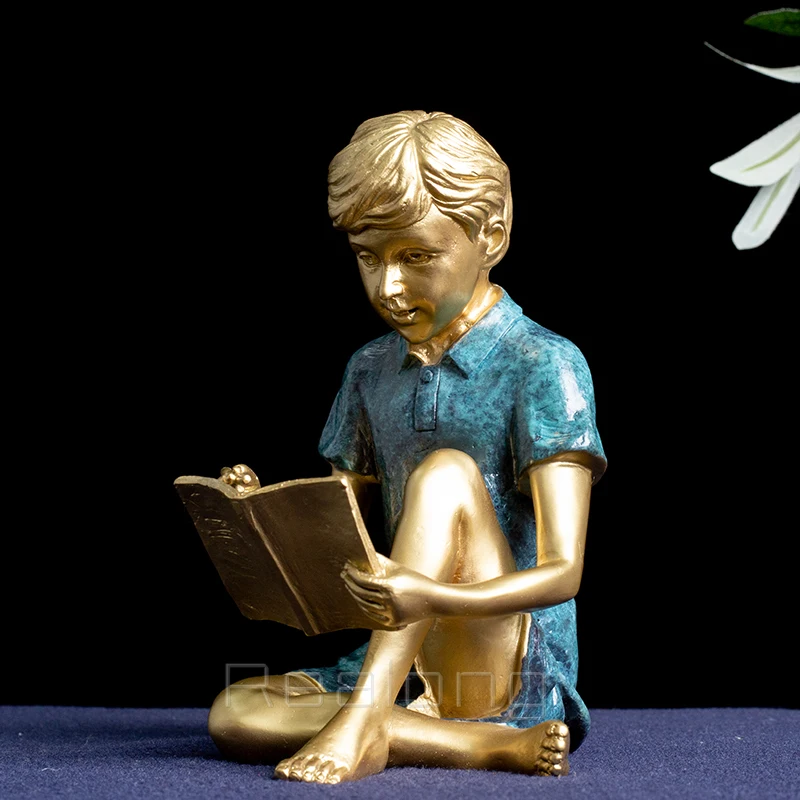 Bronze Children Reading Book Sculpture Boy Reading Book Bronze Statues Home Decoration Accessories Figurines For Interior Gifts