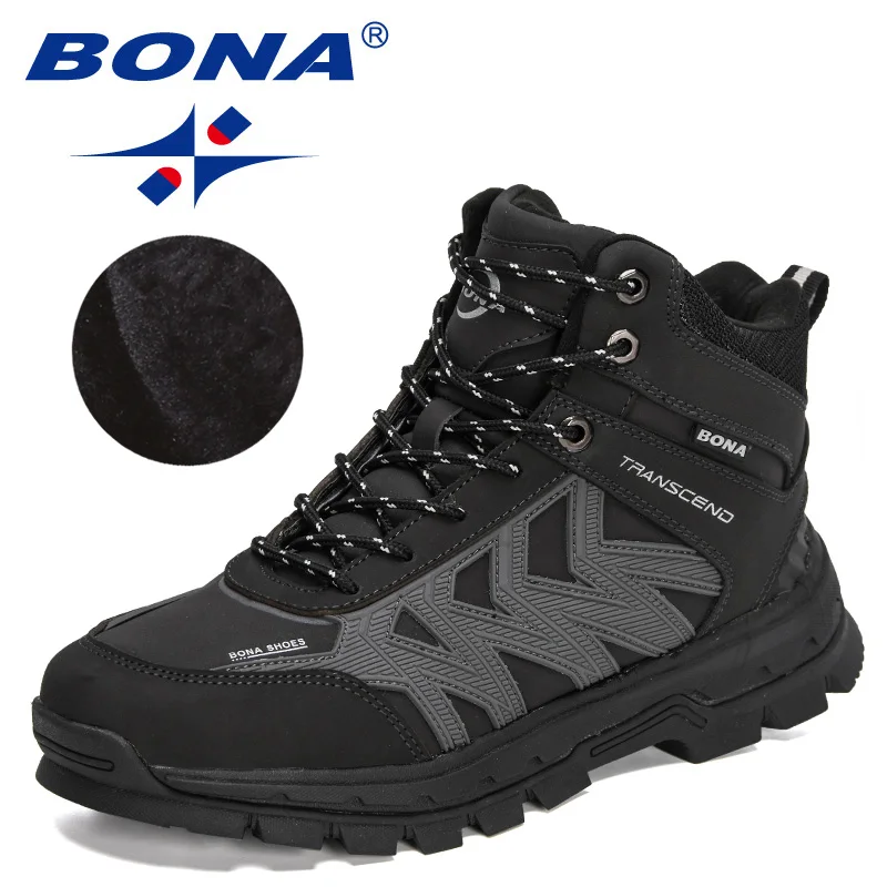 BONA 2022 New Designers Outdoor Fashion Leather Boots Men Ankle Boots Short Plush Winter Warm Boots Man Plush Hiking Footwear