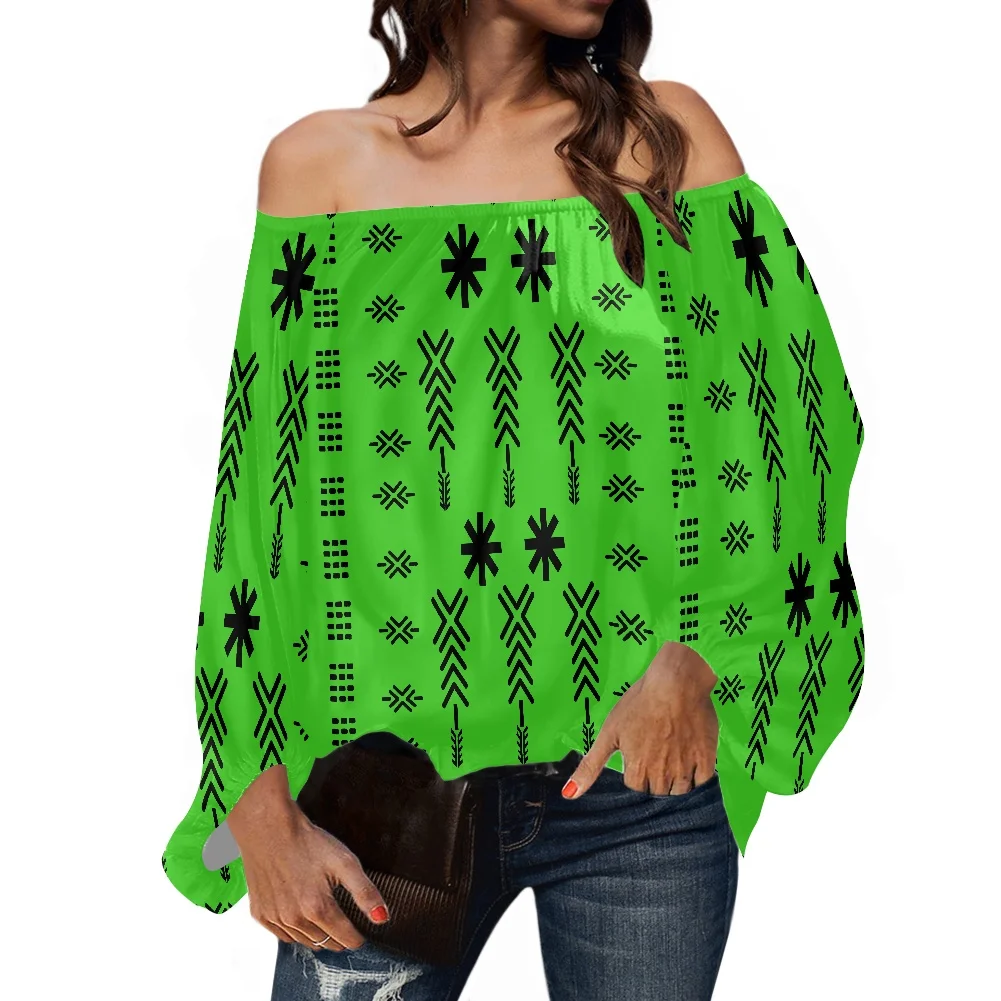 

2022 Green Summer Women Shirt Polynesian Graphic Design Printing Shirt Chiffon Off-The-Shoulder Long-Sleeved Daily Wear Clothing