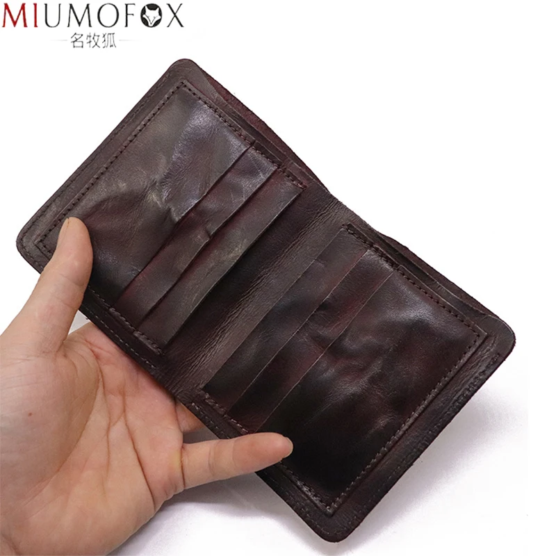 2023 Genuine Leather Wallet for Men Vintage Wrinkled Short Bifold Man Compact Purse Credit Card Holder Vertical Pocket Money Bag