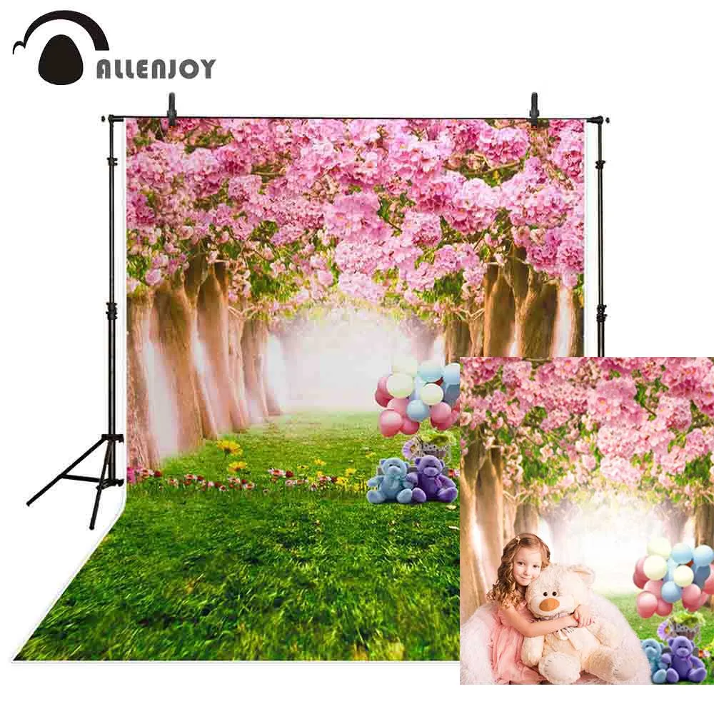 Allenjoy-telón de fondo fotográfico para niños y niñas, accesorios de decoración de primavera y Pascua, globo de oso, hierba, flor, árbol, pancarta Digital