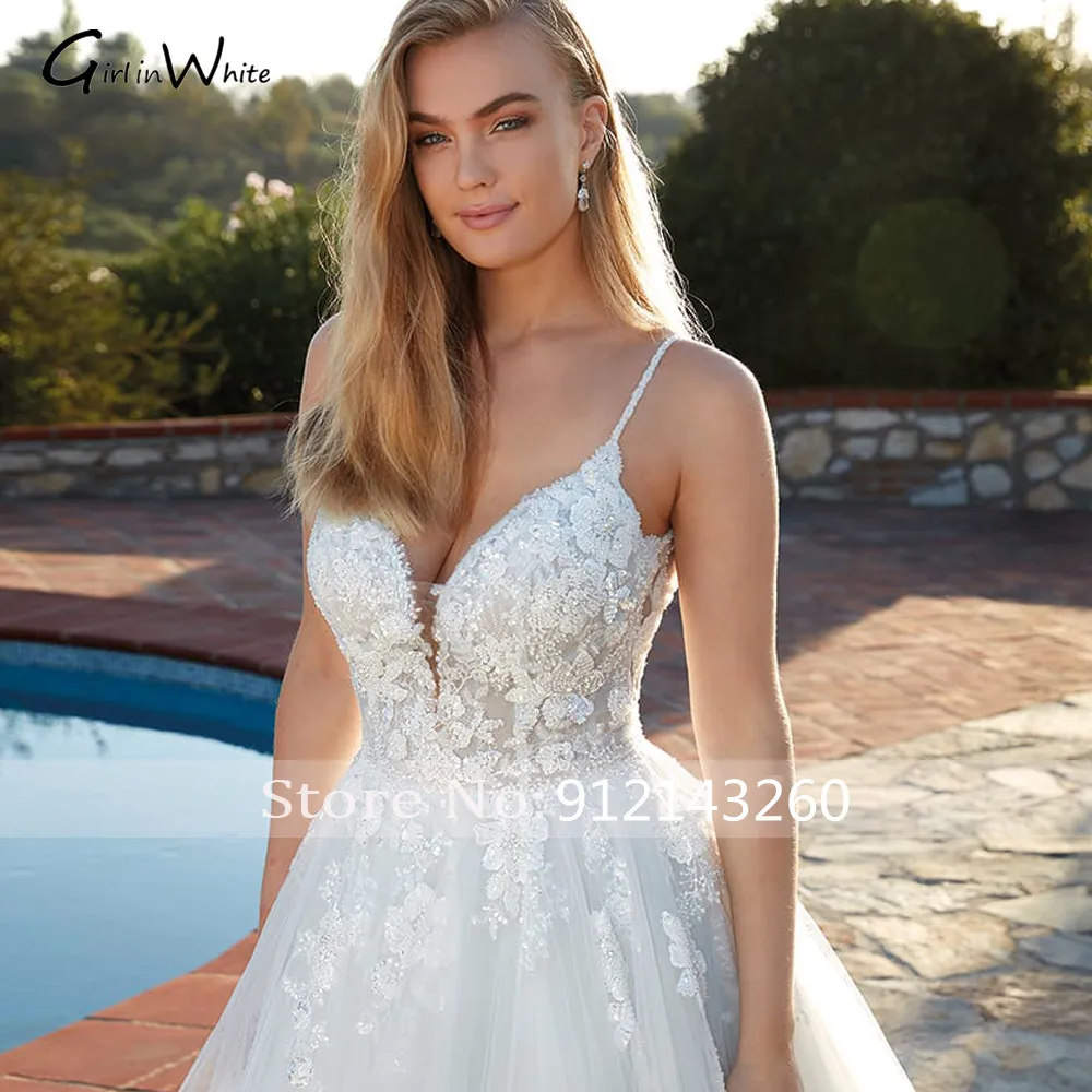 فساتين زفاف دانتيل بحزام سباغيتي على شكل حرف a بدون ظهر زي العرائس زينة العروس ذيل محكمة مخصص Vestido De Noiva