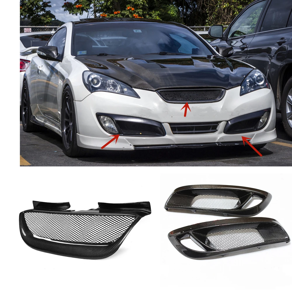 

For Hyundai Genesis Coupe 2008-2012 Carbon Fiber Car Front Grill Grille+Lower Body Bumper Fog Light Intake Frame Lamp Cover Grid