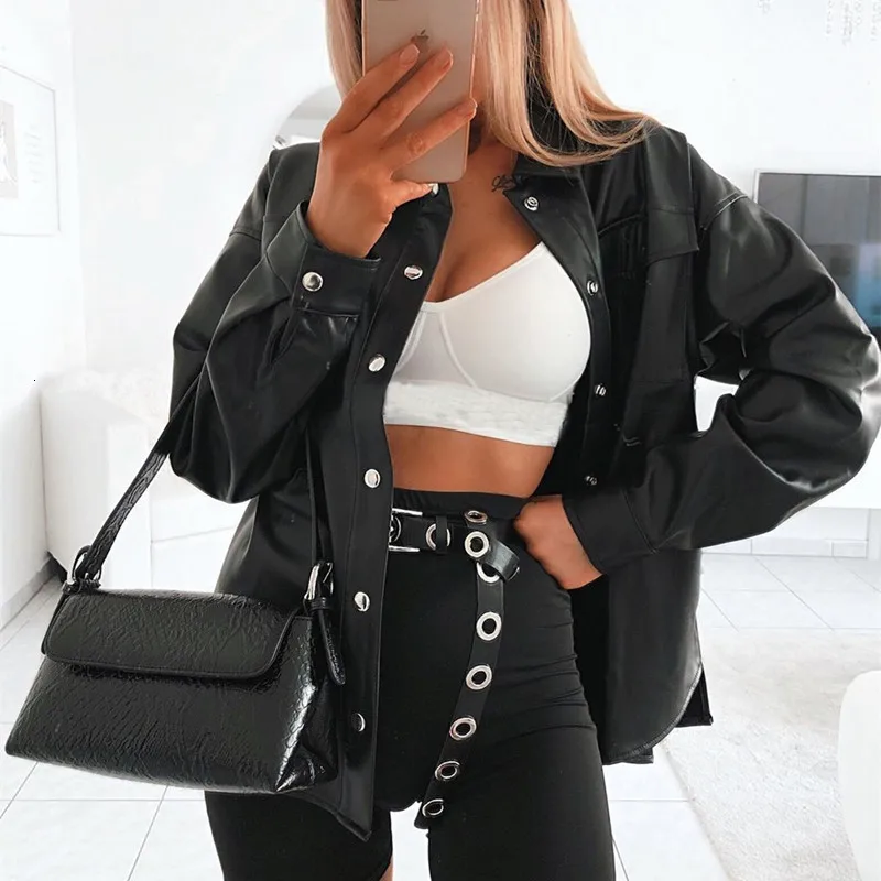 Punk Style Women Autumn Leather Jacket Turn-down Collar Streetwear Cool Jackets Ladies Pocket Oversized Pop Jackets