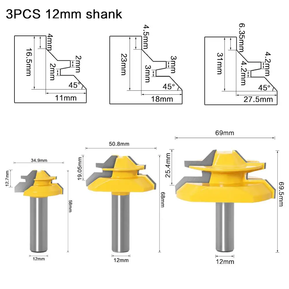 Set of 3 Lock Miter 45 Degree Glue Joint Router Bits .Glue Joint Set Woodworking cutter Tenon Cutter for Woodworking ToolsRCT