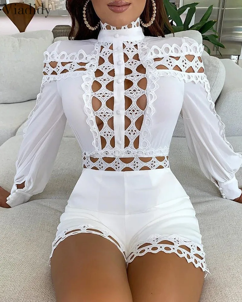 Lace Patchwork Long Sleeve Hollow Out Playsuits White Black Women Regular Rompers