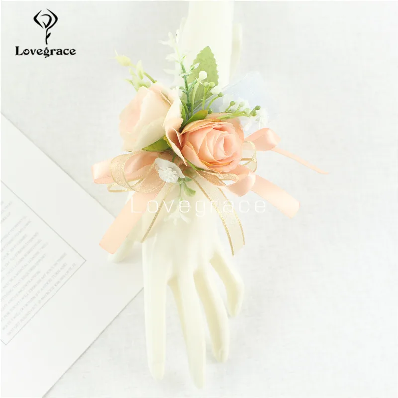 Champagne nastro polso corpetto sposa damigella d'onore donna mano polso fiore sposo Boutonniere asola uomo corpetti decorazioni di nozze