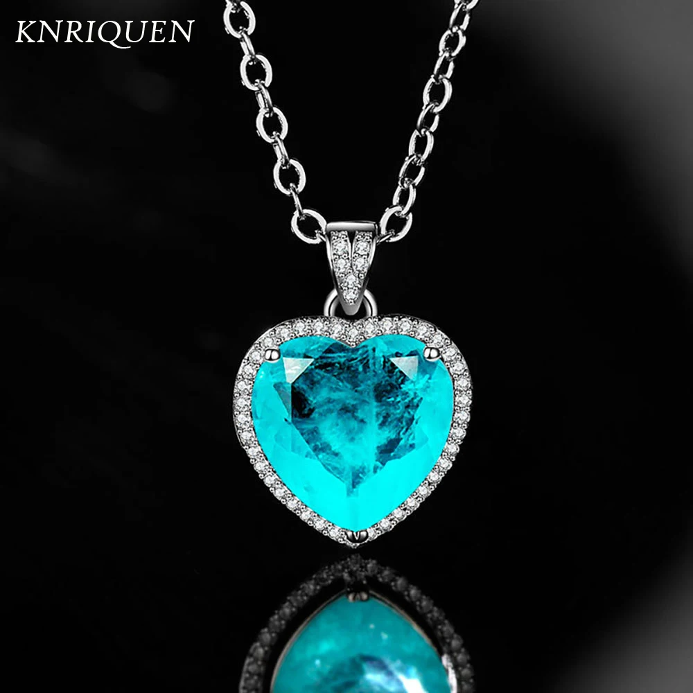 Romantic Heart-Shaped 12*12mm Paraiba Tourmaline Lab Diamond Wedding Engagement Pendant Necklace Luxury Birthday Gift for Women