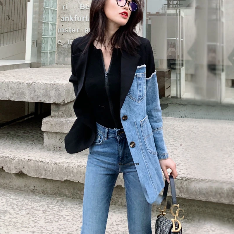 2021 New Autumn Women Personality Suit Irregular Stitching Denim Jacket Spring Fashion Female Slim Small Suit Blazer OL Blazers