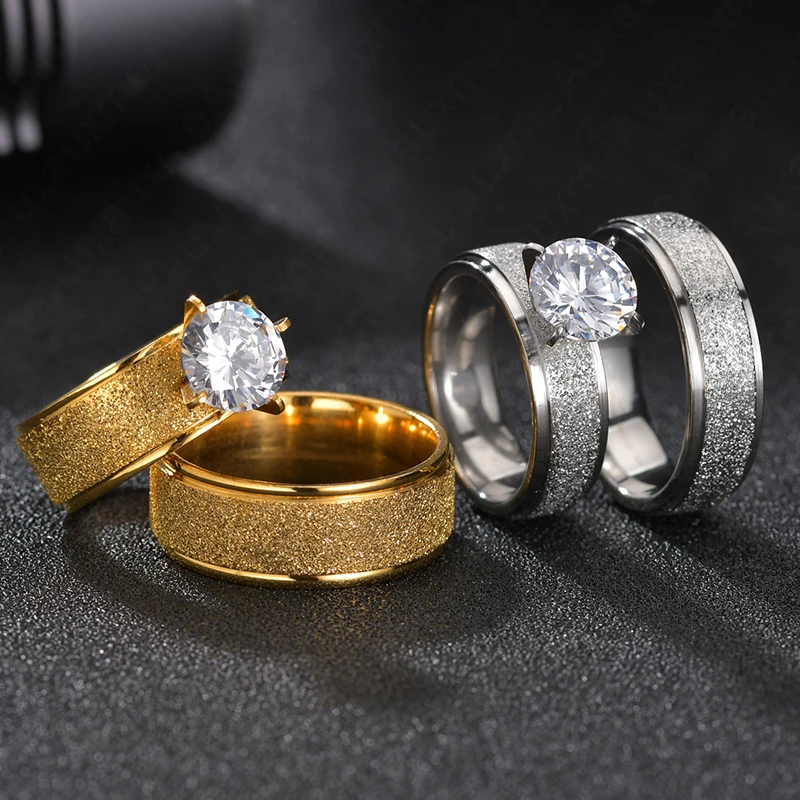 Auxauxme Bling White Stones Engagement Rings for Couples Golden Titanium Steel Romantic Wedding Ring Women Men Jewelry