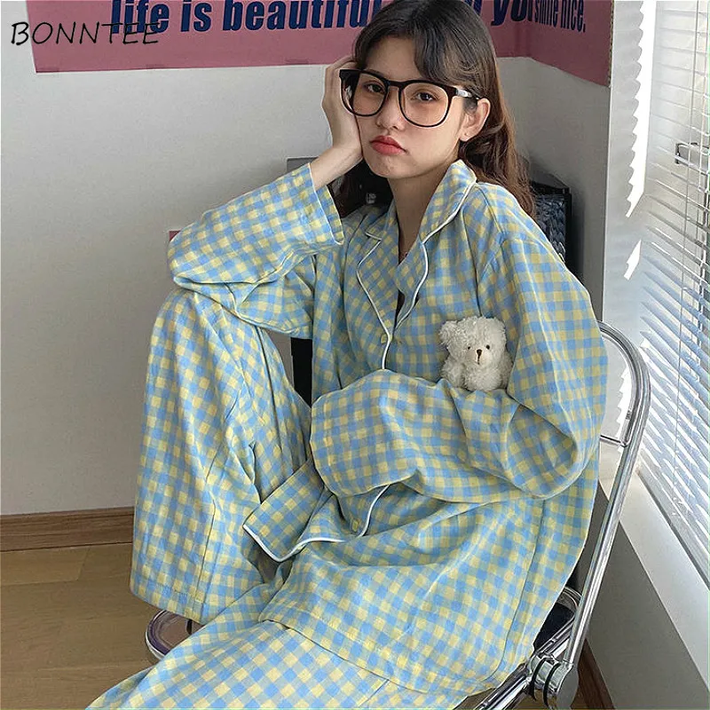 Autumn Pajama Sets Ulzzang Plaid Preppy Long Sleeve Soft Lovely Girls Nightwear Loose Trendy Daily Chic 2 Piece Womens Sleepwear