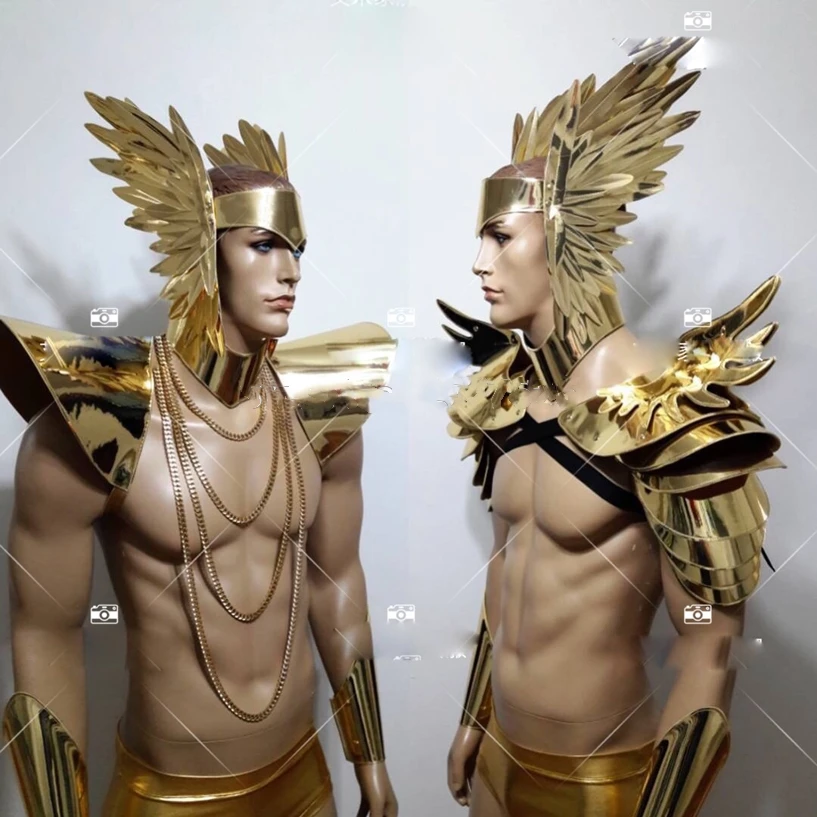 

Future show cosplay party model armor Bar gold wings headdress mirror pu male gogo golden muscle male costume