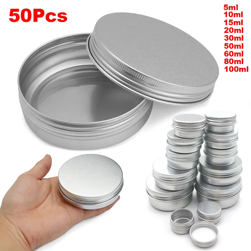 

50Pcs Aluminum Tin Jars 5g 10g 15g 20g 30g 40g 50g 60g 80g 100g Lip Balm Tin Container With Screw Thread Lid Candle Tea Cans Box