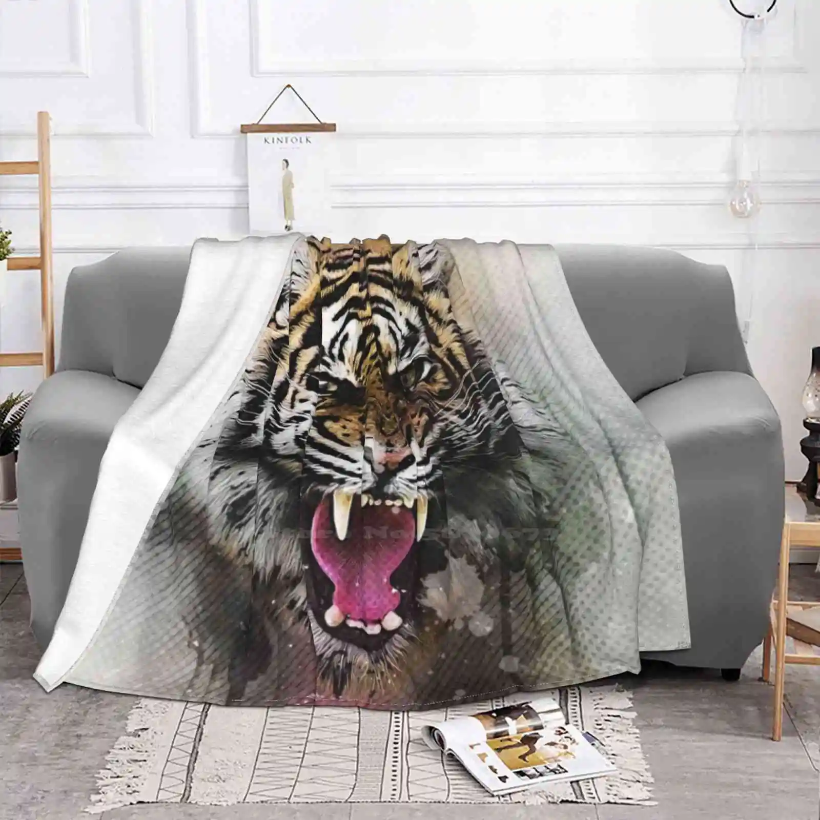 Tiger Face Trend Style Funny Fashion Soft Throw Blanket Tiger Lion Cat Dog Tyga Face Smile Angry Teeth Yawn Animal Shiny Glossy