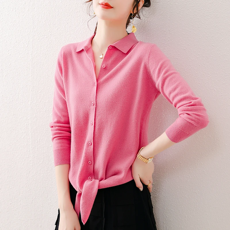 

Women 100% Wool Blouse Spring Leisure Cashmere Cardigan Elegant Ladies Turn-Down Collar Knitwear Buttons Up Sweater