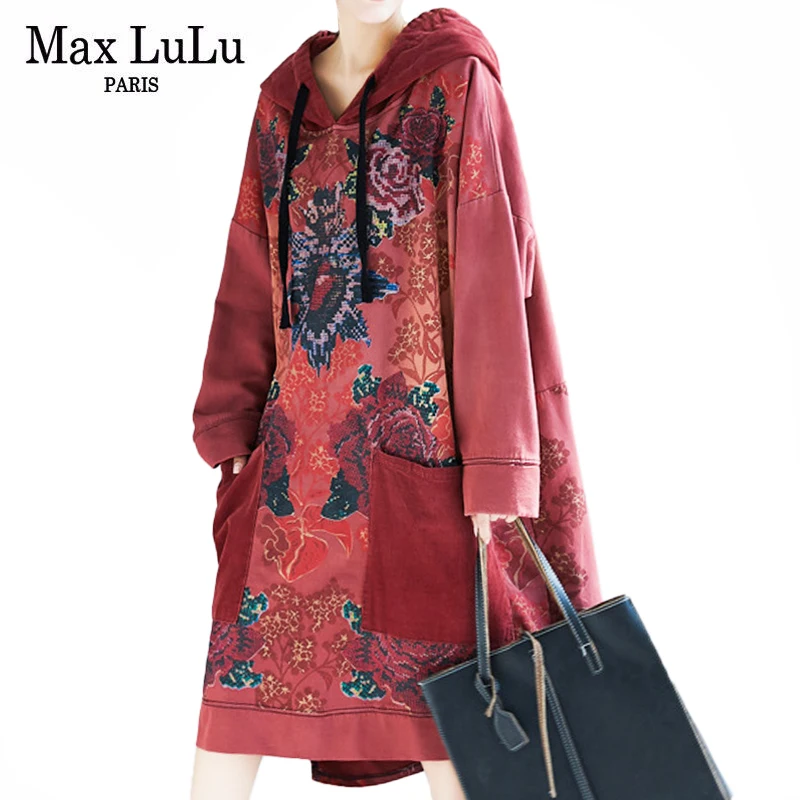 Max LuLu Red Hooded Dress Womens Loose Flowers Long Sleeve Casual Fitness Dresses Japan 2021 Lady Printed Harajuku Streetwear