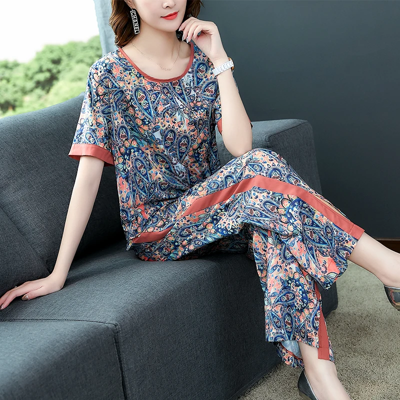 Summer Silk 2 T Shirt Women Pants Set Floral Matching Sets Clothes Casual Two Piece Outfits KJ5723