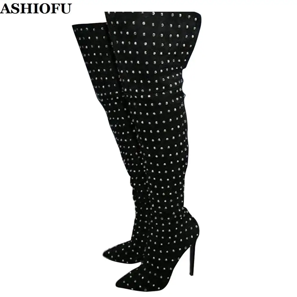 

ASHIOFU Handmade Women High Heel Thigh High Boots Rivets Spikes Sexy Club Over Knee Boots Evening Winter Fashion Long Boots