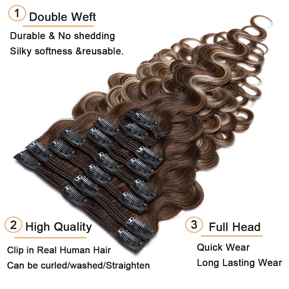 SEGO 140g Body Wave Clip In Hair Extensions Human Hair 8pc/set Hair Pieces for Women Double Weft Machine Remy Clip Ins