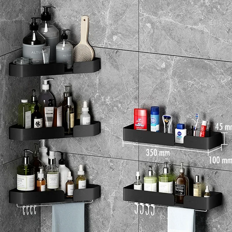 Wall Mounted Corner Storage Rack Black Bathroom Shelf Shower Storage Triangle Shelves Towel Bar Bathroom Hardware Accessories