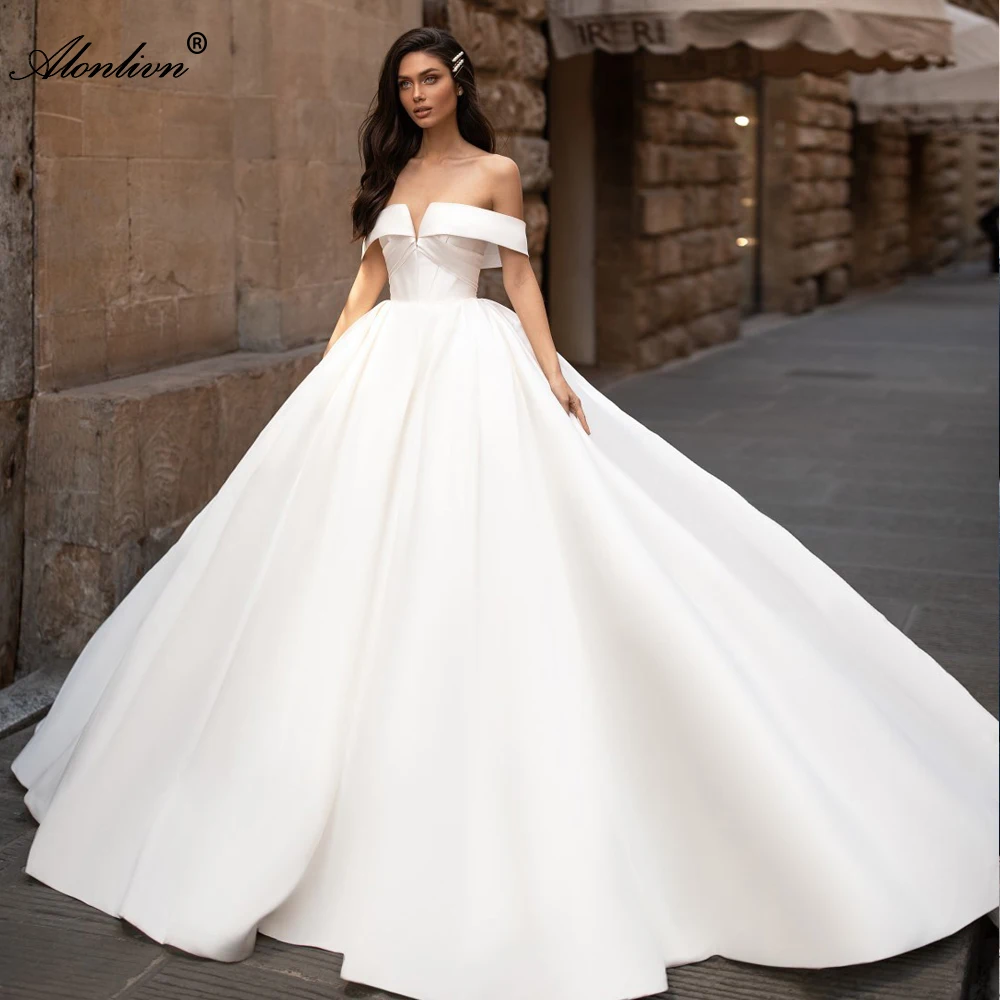 Alonlivn Luxury Satin Strapless Ball Gown Vestido de Noiva  Simple Off The Shoulder Pleats Wedding Dress