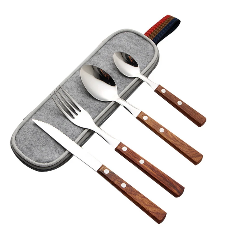 

Portable Dinnerware Set 304 Stainless Steel Wood Handle Cutlery Set Dinner Fork Knife Spoon Coffee Spoons Tableware With Bag