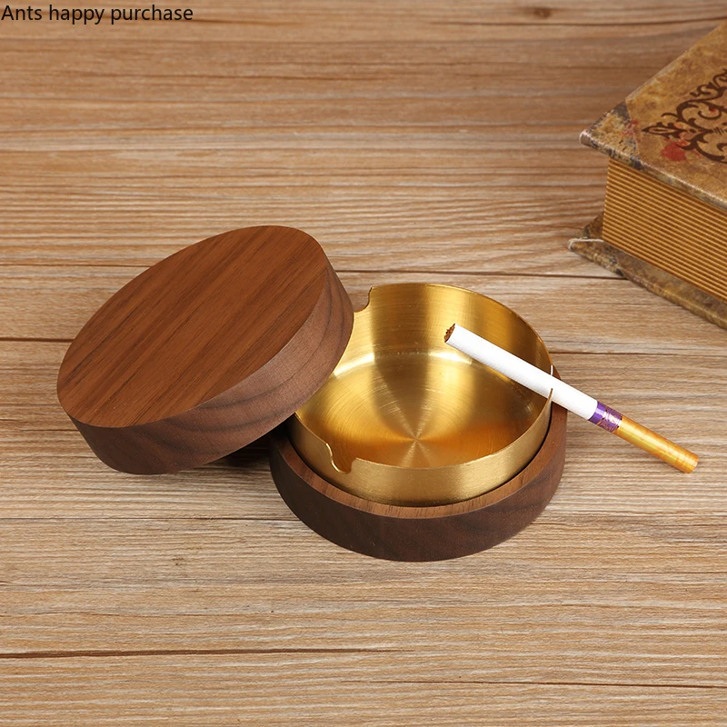 Gold Stainless Steel Walnut Ashtray Ash Tray with Lid Anti-fly Ash Storage Box Organizer Smoking Accessories Decorative Ashtray