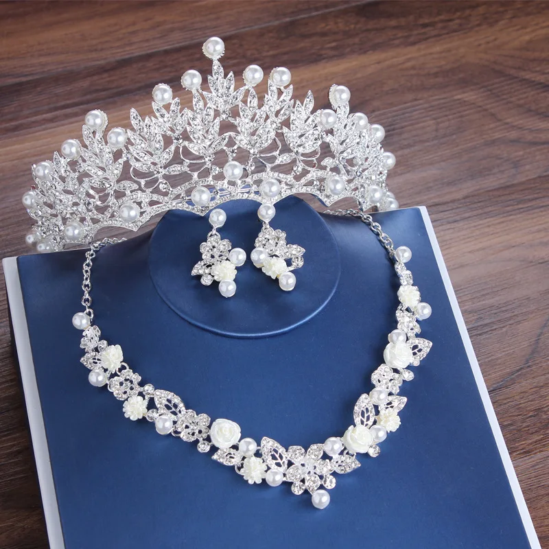 Luxury Bride Crystal Pearl Flower Costume Jewelry Sets Rhinestone Choker Necklace Earrings Tiara Crown Women Wedding Jewelry Set