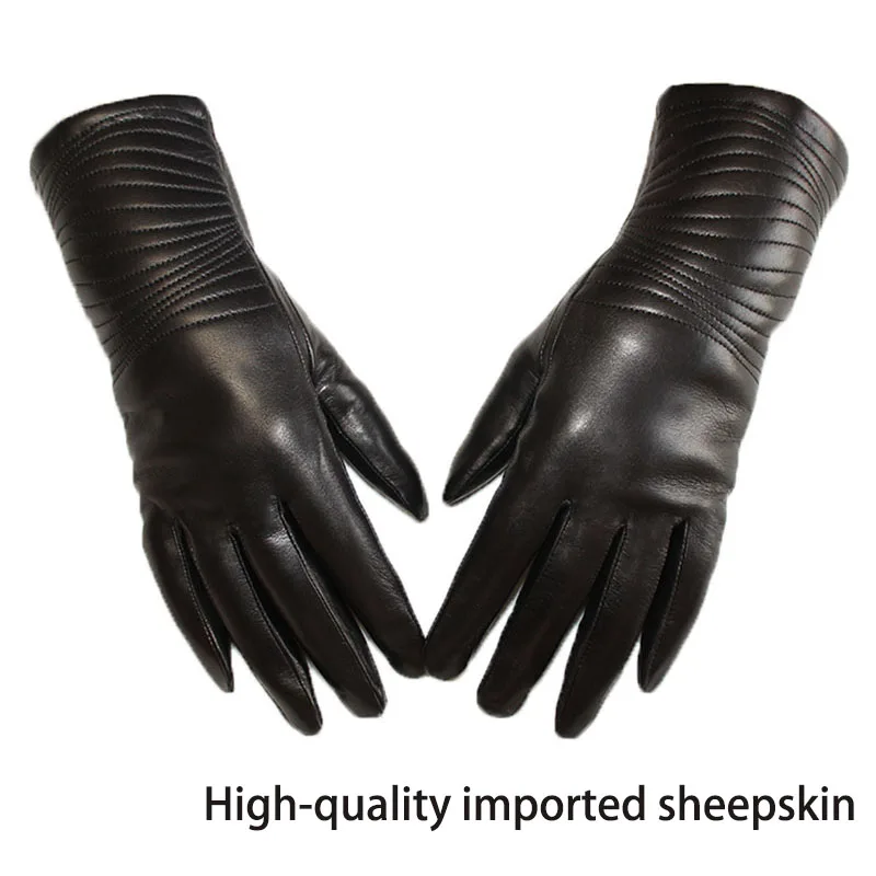 Imported Sheepskin Gloves Women\'s Leather Fashion Embroidery Pattern Thin Wool Lining Autumn Car Driving Split Finger Gloves