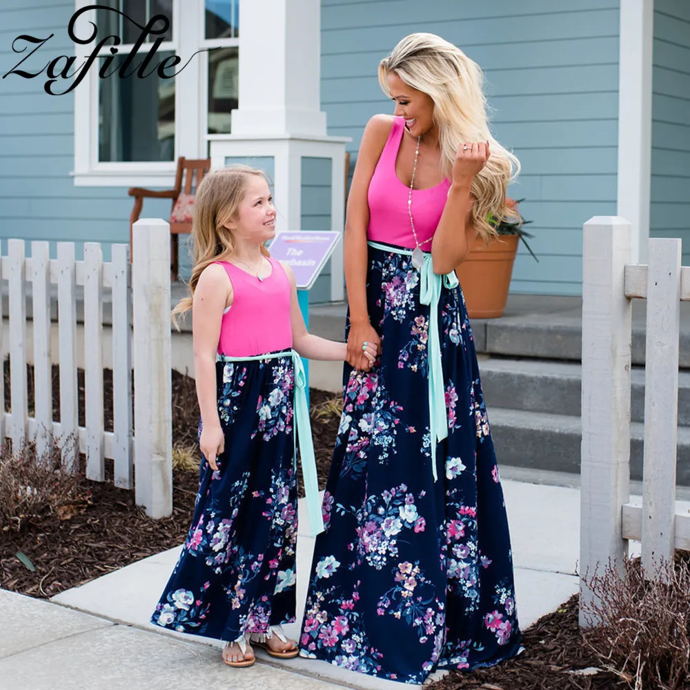 ZAFILLE Mother and Daughter Matching Clothes Ankle-Length Belted Floral Mom Daughter Same Dresses Summer Mommy and Me Dress