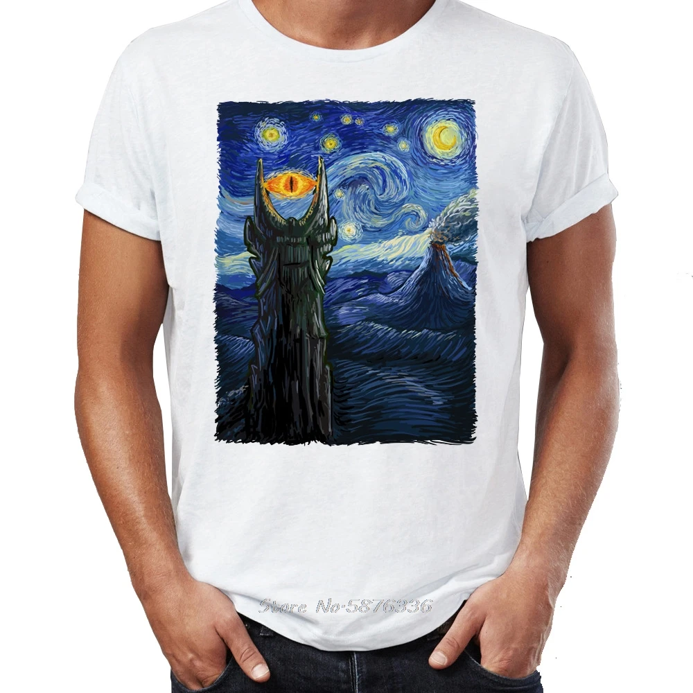 Men's T Shirt Vincent Van Gogh The Starry Night With  Middle Earth Sauron Tower  Printed Tees