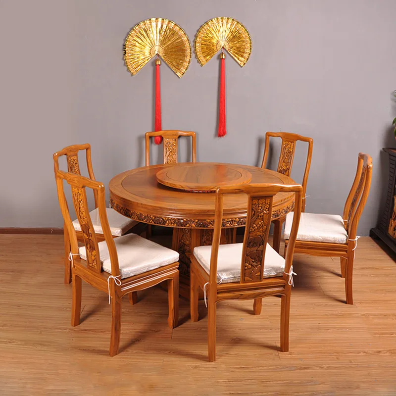 Southeast Asian Style Dining Table Elegant High-End Solid Wood round Carved Dining Table