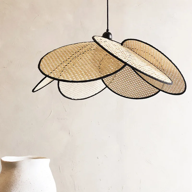 Nordic Designer Leaf Grid Rural Head Made Rattan Led Pendant Lamp Retro Restaurant Bedroom Kitchen Decor Hanging Light Fixtures