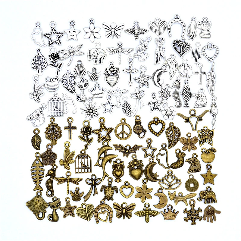 100pcs Mixed Styles Animal Heart Key Crown Charms