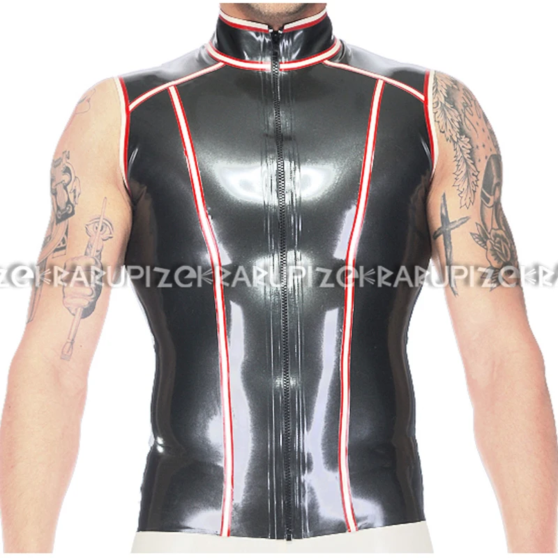 Pewter And White Red Sexy Latex Shirt With Zipper At Front Sleeveless Rubber Top Clothing YF-0188