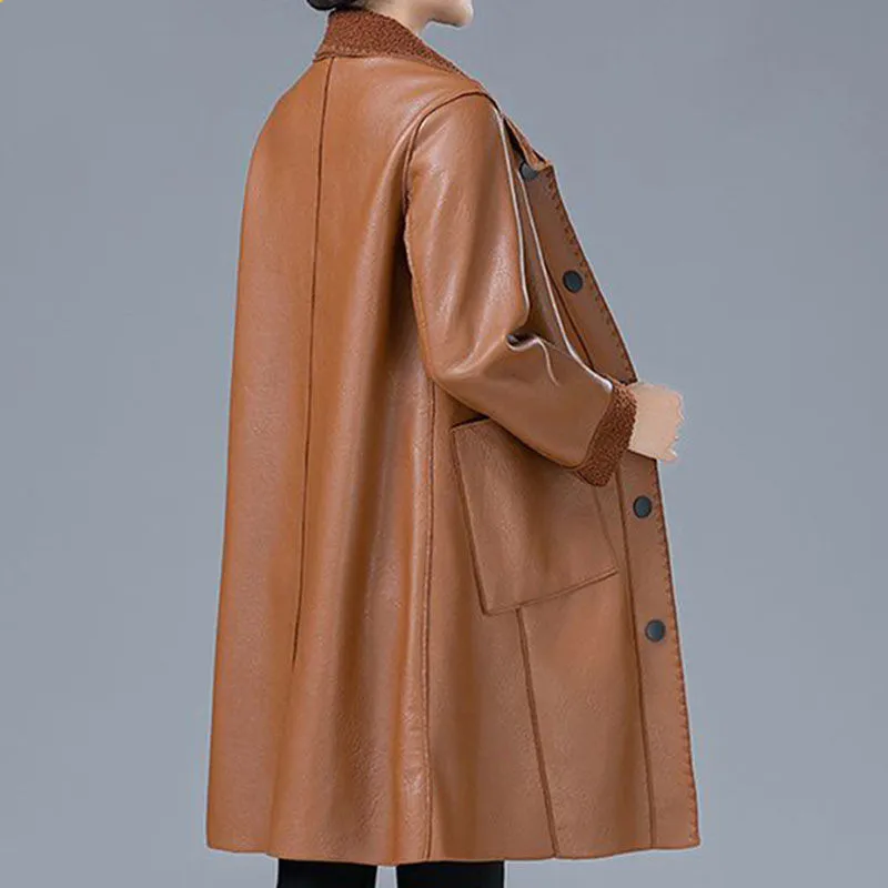 Lederen Jassen Vrouwen 2025, Herfst Winter Nieuwe Stijl PU Leren Jas Halflange Outcoat Single-Breasted Overwear Vrouwelijke