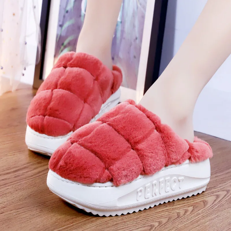 Furry Platform Slippers for Women, High Heel, Plush Slippers, Anti-Skid, Warm Fur, Indoor, Home, Luxury, Fashion, Winter