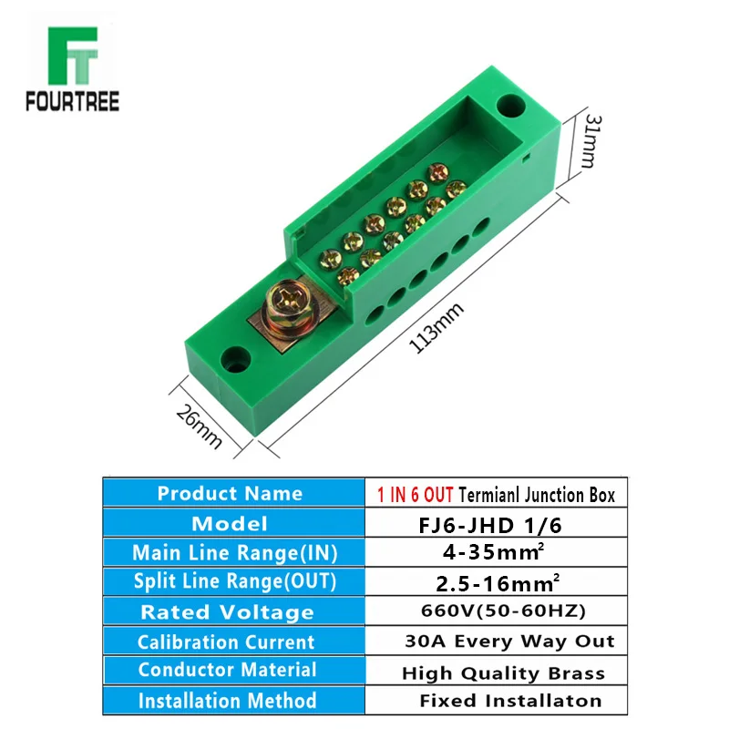 1PCS Unipolar Splitter Terminal Junction Box Metering Cabinet Wire Block Retardant Flame Electrical Accessories 1 In 6 Out